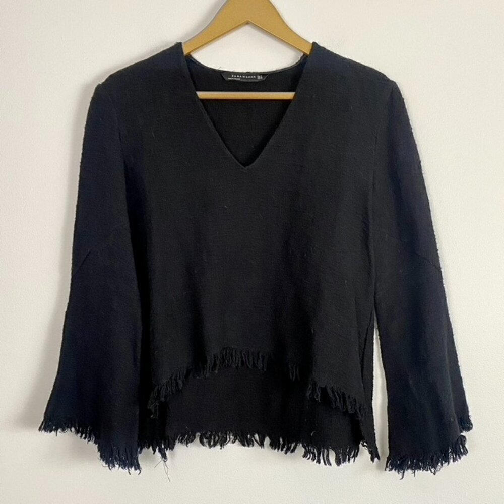 Zara Woman Black Distressed Fringe Bell Sleeve Sweater